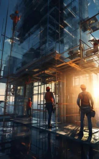 Engineers reviewing progress on site at golden hour