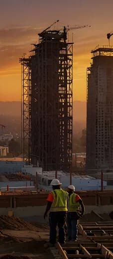 Building frame silhouetted against a sunset sky